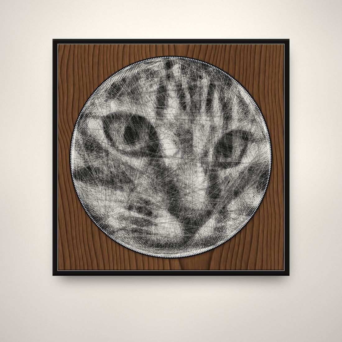 Fadenbild Katze auf Nussbaum